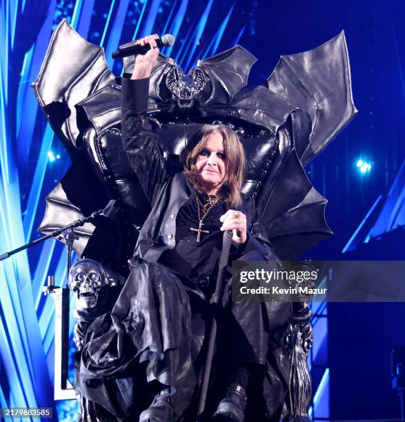 Inductee, Ozzy Osbourne speaks onstage during the 2024 Rock & Roll Hall Of Fame Induction Ceremony streaming on Disney+ at Rocket Mortgage Fieldhouse...