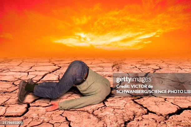 climate change denial, conceptual composite image - avoiding problems stock pictures, royalty-free photos & images