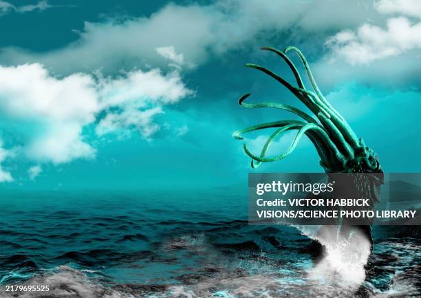 mythological sea creature, conceptual illustration - sea monster stock illustrations