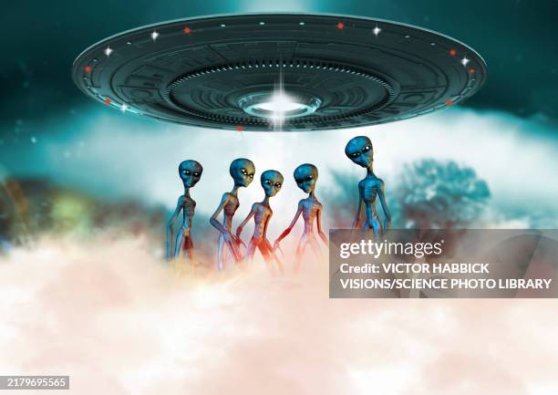 illustrazioni stock, clip art, cartoni animati e icone di tendenza di ufo and aliens, illustration - alieno