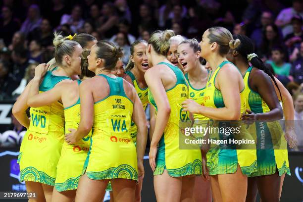 Australia form a huddle during the game one of the Constellation Cup series between New Zealand Silver Ferns and Australia Diamonds at TSB Arena on...