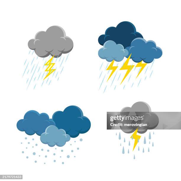 ilustrações de stock, clip art, desenhos animados e ícones de rainy and snowy clouds with thunder bolt icons - céu tempestuoso