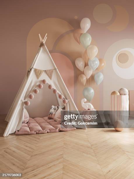 modern baby room interior withteepee, balloons, and toys. brithday concept. - pale pink stock pictures, royalty-free photos & images