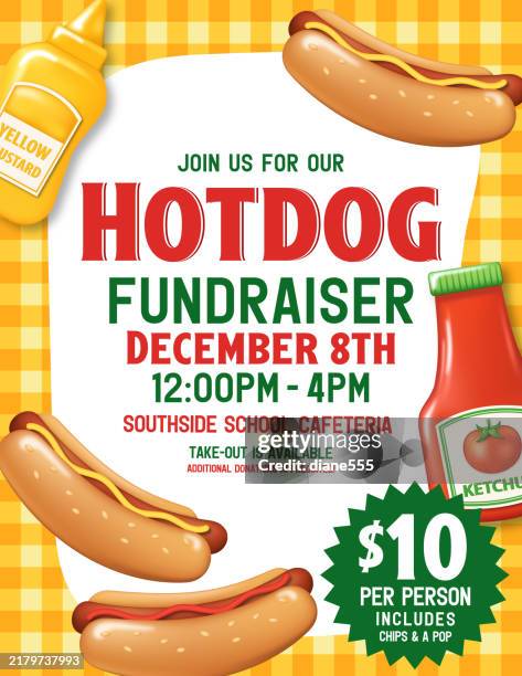 bildbanksillustrationer, clip art samt tecknat material och ikoner med 3d style hotdog fundraiser poster template - reklamblad