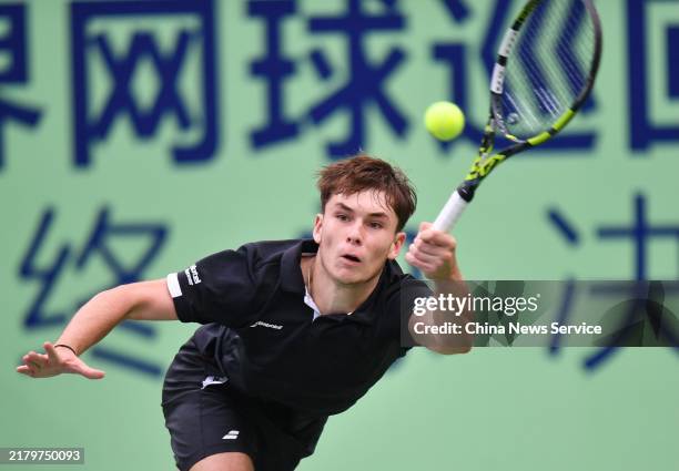 Mees Rottgering of Netherlands competes in the Boy's Singles Final match against Rafael Jodar of Spain on day 5 of 2024 ITF World Tennis Tour Junior...
