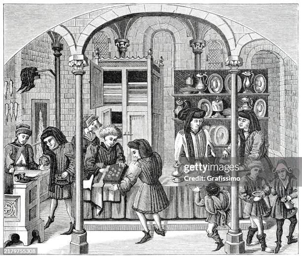 ilustrações de stock, clip art, desenhos animados e ícones de medieval market with shoemaker and goldsmith woodcut 15th century - trabalho manual