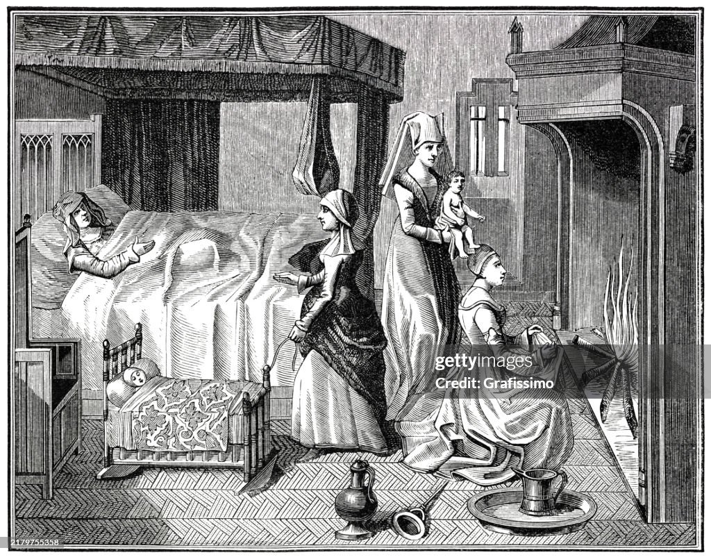 Geburt eines Kindes Holzschnitt 15. Jahrhundert