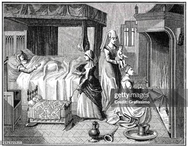 geburt eines kindes holzschnitt 15. jahrhundert - bildtechnik stock-grafiken, -clipart, -cartoons und -symbole