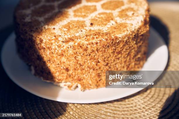 honey cake on a table with a napkin and sun. side view, close up. - sponge cake stock pictures, royalty-free photos & images