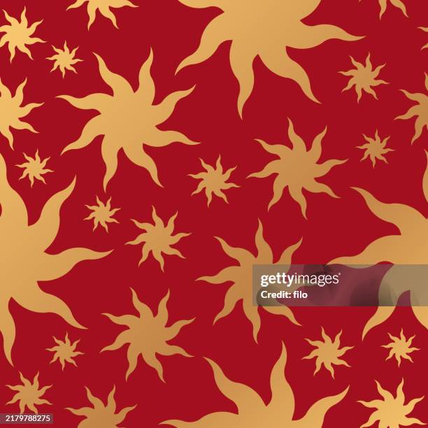 seamless tileable holiday red gold sunburst background - various flowers pattern stock illustrations