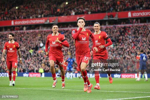 Curtis Jones of Liverpool celebrates scoring his team's second goal during the Premier League match between Liverpool FC and Chelsea FC at Anfield on...