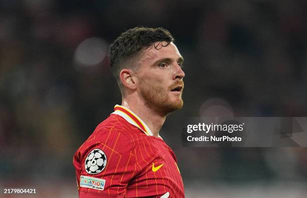 Andrew Robertson of Liverpool gestures during the Champions League Round 3 match between RB Leipzig v Liverpool, Red Bull Arena on October 23, 2024.