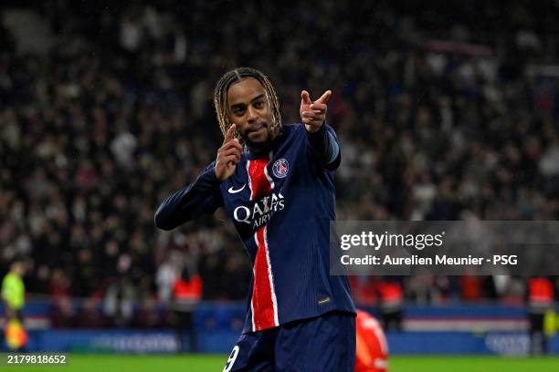 Bradley Barcola of Paris Saint-Germain reacts after scoring during the Ligue 1 match between Paris Saint-Germain FC and RC Strasbourg Alsace at Parc...