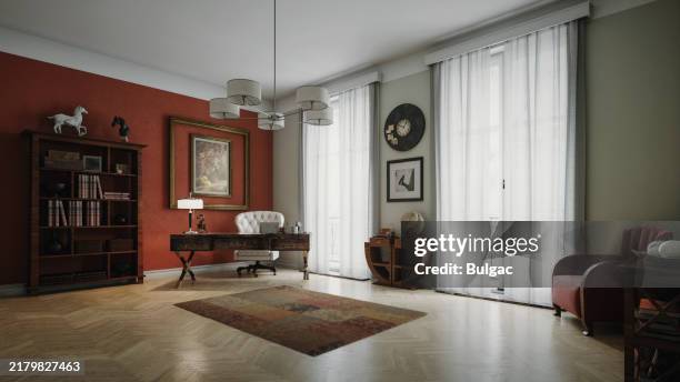 elegant home office with vintage décor and large windows - domestic structure stockfoto's en -beelden