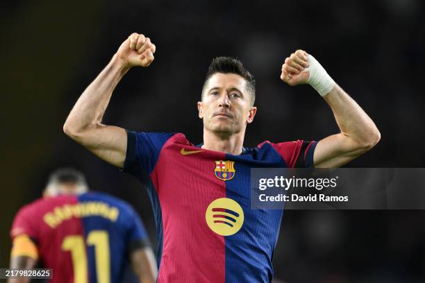 Robert Lewandowski of FC Barcelona celebrates scoring his team's second goal during the La Liga EA Sports match between FC Barcelona and Sevilla FC...