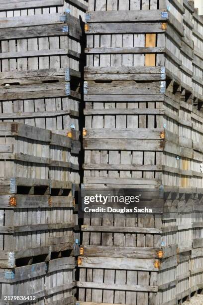 fruit crates stack at the orchard - shipping crate wood stock pictures, royalty-free photos & images