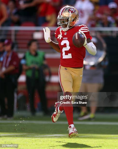 Deommodore Lenoir of the San Francisco 49ers reacts after an interception during the third quarter against the Kansas City Chiefs at Levi's Stadium...