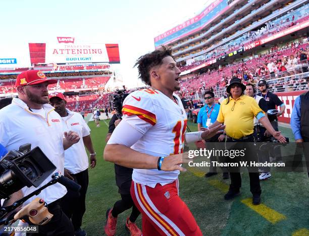 Quarterback Patrick Mahomes of the Kansas City Chiefs leaves after beating the San Francisco 49ers 28-18 at Levi's Stadium on October 20, 2024 in...