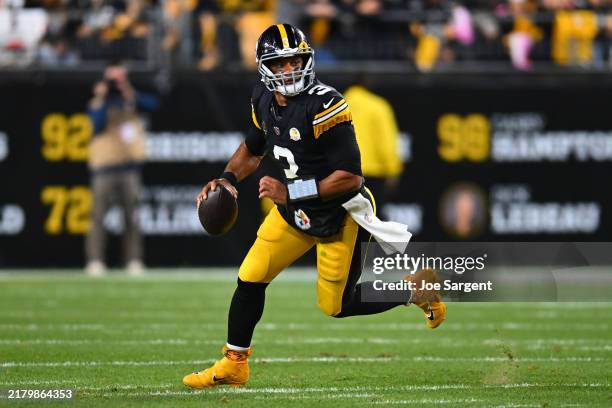 Russell Wilson of the Pittsburgh Steelers scrambles during the first quarter against the New York Jets at Acrisure Stadium on October 20, 2024 in...