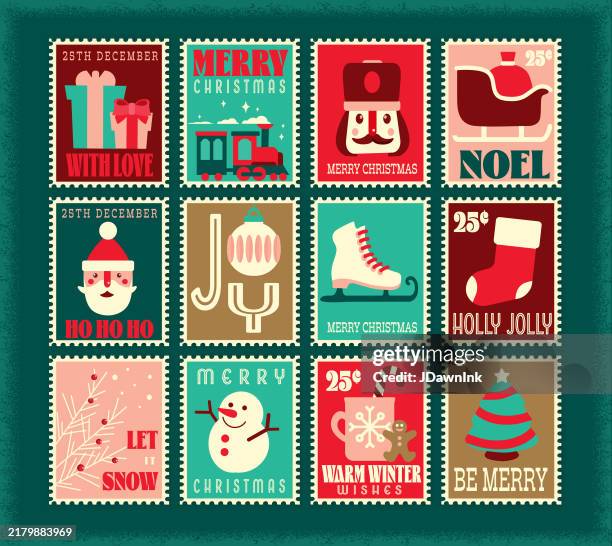 ilustraciones, imágenes clip art, dibujos animados e iconos de stock de conjunto de sellos postales de invierno navideños con diferentes refranes y elementos festivos - christmas letter