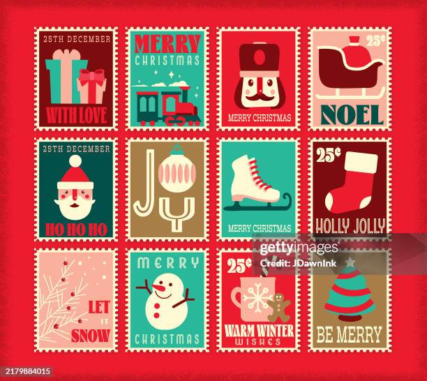 set of christmas winter postage stamps with different sayings and festive elements - vehicle-features-icon stock illustrations