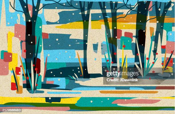 mid century abstract christmas colorful winter forest nature scene in painting style with snow - landschaft künstlerisch stock-grafiken, -clipart, -cartoons und -symbole