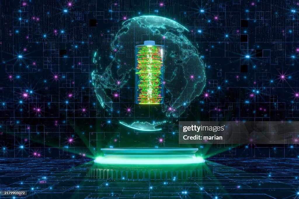 Global green energy, battery technology development, 3D rendering