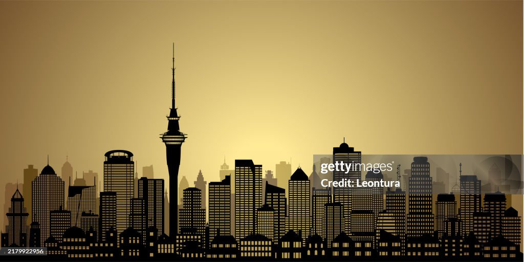 Silhouette très détaillée de la ligne d’horizon d’Auckland (tous les bâtiments sont mobiles et complets)