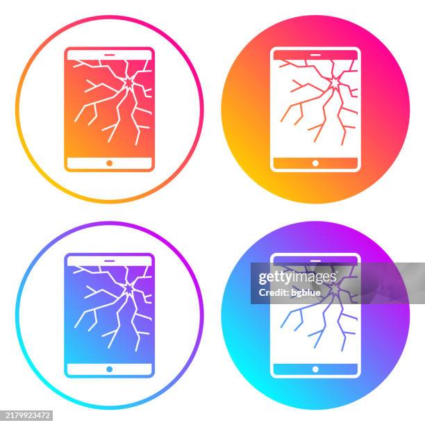 tablet pc with broken screen. round icons with color gradients - broken tablet screen stock illustrations