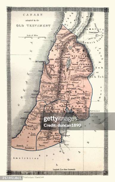 antique map showing canaan in the old testament, kingdom of israel and judah, victorian 1860s - old map of middle east stock illustrations