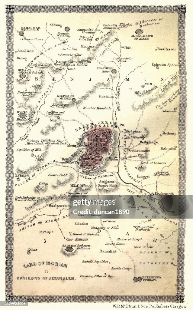 Antique map the Land of Moriah, or Environs of Jerusalem, Victorian 1860s 19th Century