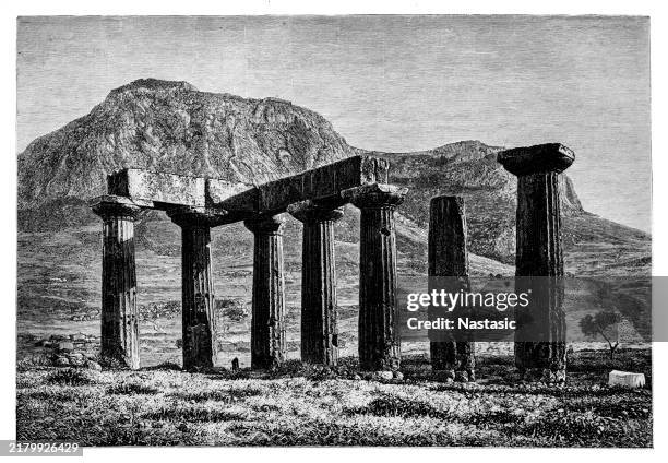 ilustrações de stock, clip art, desenhos animados e ícones de the temple of pallas and the acropolis of corinth - templo de apolo naxos