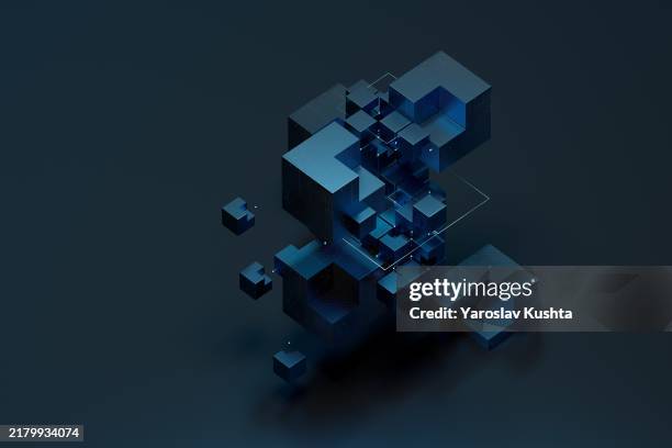 futuristic cubic data tech complex , interconnected network. transforming the future - embracing digital evolution cgi - merging pattern stock pictures, royalty-free photos & images