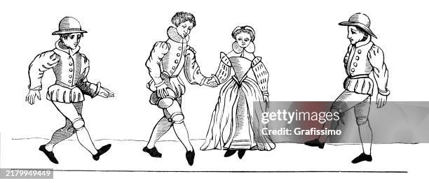 ilustrações, clipart, desenhos animados e ícones de dança medieval da ilustração galante da xilogravura 1588 - inicio da era moderna