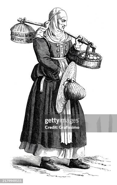 verkäuferin, die eier verkauft, holzschnitt, 16. jahrhundert - mittelaltermarkt stock-grafiken, -clipart, -cartoons und -symbole