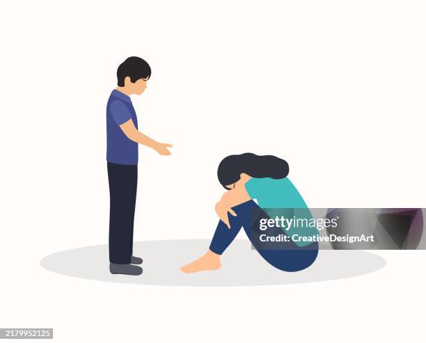 ilustraciones, imágenes clip art, dibujos animados e iconos de stock de madre triste sentada en el suelo y abrazando sus rodillas. su pequeño hijo tratando de consolarla. tristeza, depresión, violencia doméstica, agotamiento emocional y concepto de apoyo - violencia doméstica