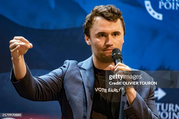 Conservative political activist Charlie Kirk, founder of Turning Point Action, speaks during a meeting on the campus of the University of Arizona in...