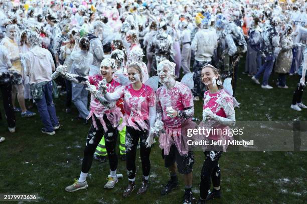 First year students take part in the annual St Andrews Raisin day Foam fight on October 21, 2024 in St Andrews, Scotland. The Raisin Monday foam...