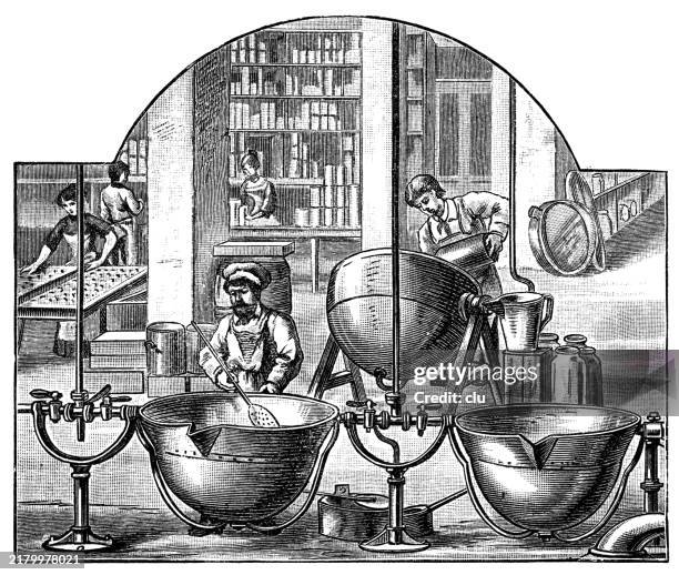 machines for fruit processing - food processing line stock illustrations