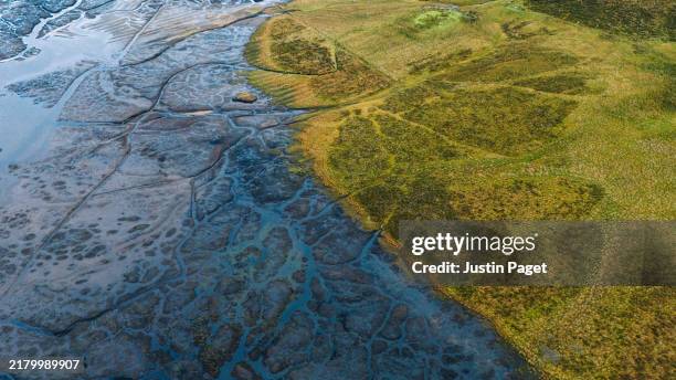 beautiful abstract drone/aerial view of a tributary and loch edge on the isle of skye - culture britannique photos et images de collection