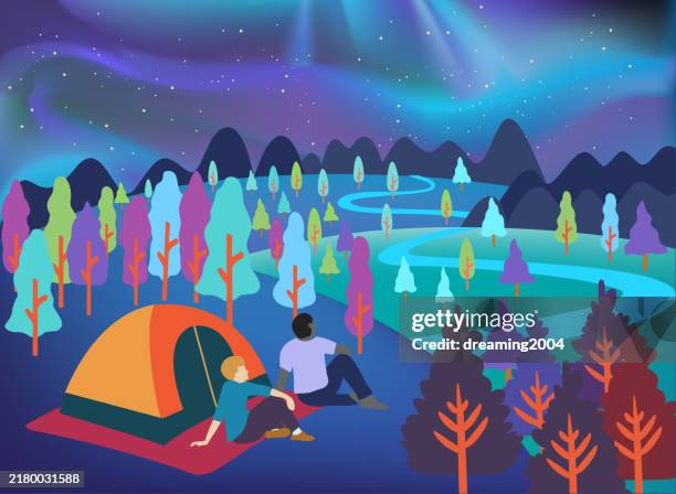 camping under the northern lights - couple camping stock illustrations