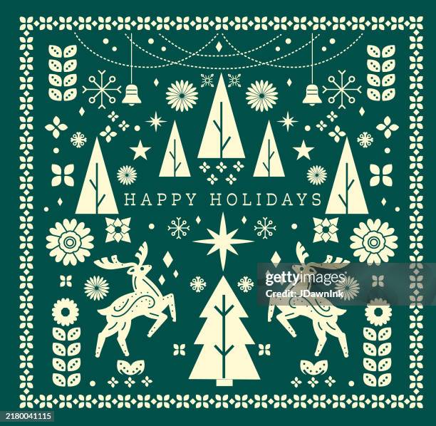 happy holidays decorative greeting card design template with deer, christmas trees, florals and garlands - happy holidays stock illustrations