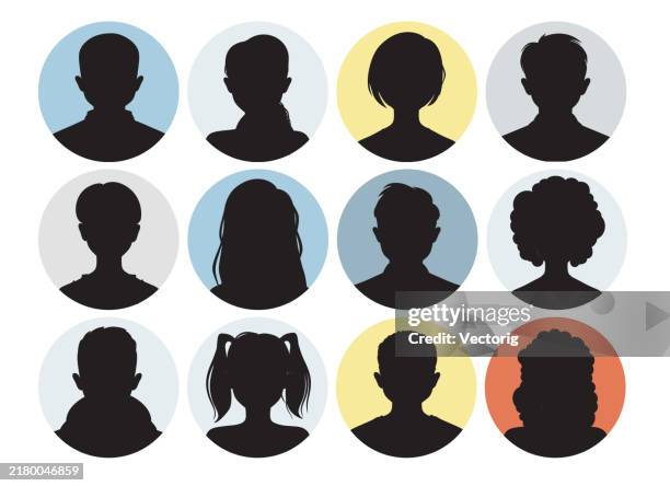 ilustraciones, imágenes clip art, dibujos animados e iconos de stock de conjunto de siluetas humanas con diversos perfiles y fondos circulares - persona irreconocible