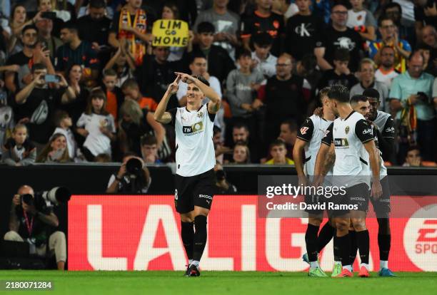 Pepelu of Valencia CF celebrates scoring his team's first goal from a penalty during the LaLiga match between Valencia CF and UD Las Palmas at...