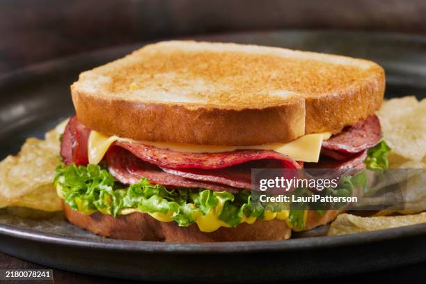 fried salami and cheese sandwich - white bread stock pictures, royalty-free photos & images