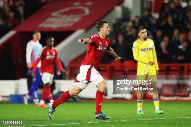 Chris Wood of Nottingham Forest celebrates scoring his team's first goal during the Premier League match between Nottingham Forest FC and Crystal...