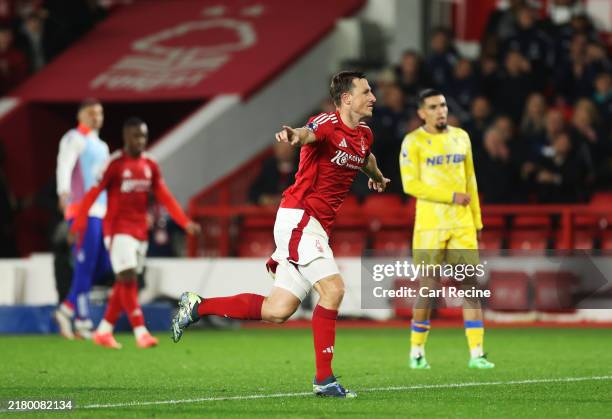 Chris Wood of Nottingham Forest celebrates scoring his team's first goal during the Premier League match between Nottingham Forest FC and Crystal...