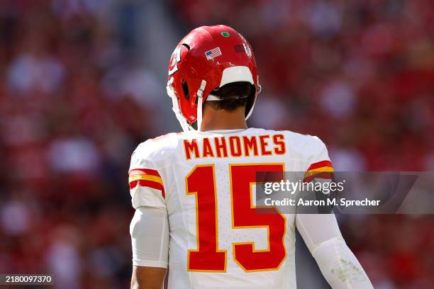 The back of Patrick Mahomes of the Kansas City Chiefs jersey during the first half against the San Francisco 49ers at Levis Stadium on October 20,...