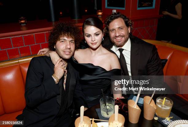 Benny Blanco, Selena Gomez and Édgar Ramírez attend the Los Angeles Premiere of Netflix's "Emilia Perez" after party at Mother Wolf on October 21,...