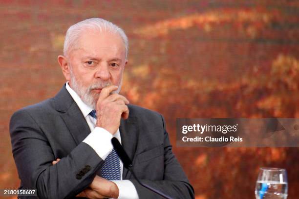 President of Brazil Luiz Inácio Lula da Silva speaks during an event at Palacio do Planalto as first appearance after suffering a domestic accident...